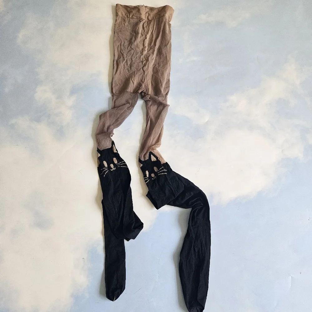 Black & Tan Skin Tone Cat Face Print Stockings Cat Tights